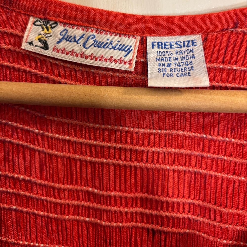 Just Cruising red/yellow/orange 3/4 sleeve boat neck ruched maxi dress - Picture 2 of 3